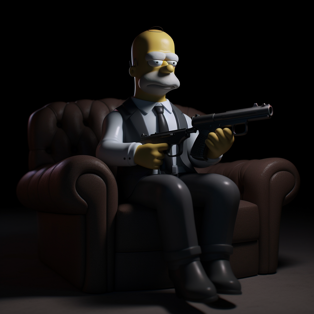 Homer Simpson in dark room holding gun