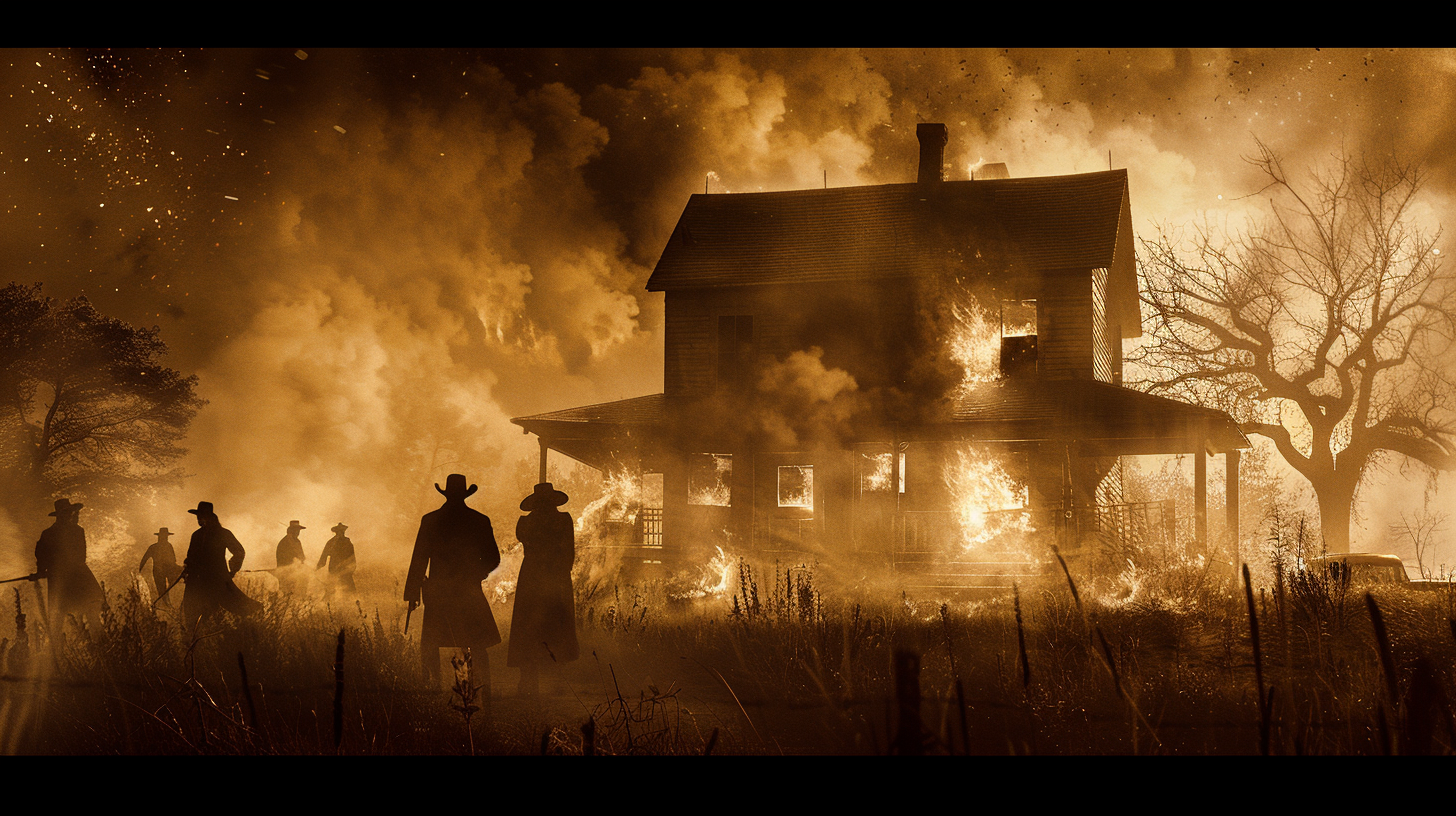 Homestead farmhouse on fire with posse