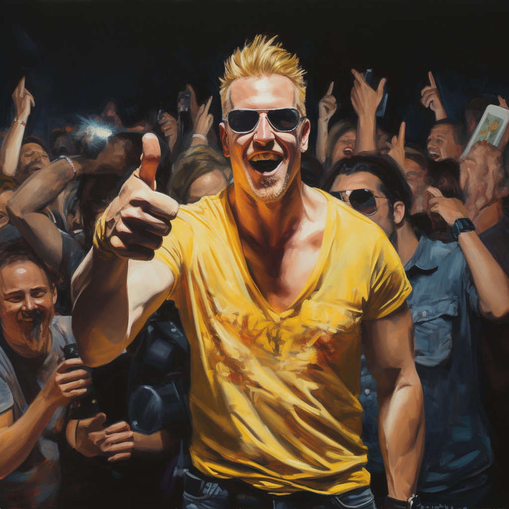 Josh Homme giving thumbs up to man in yellow shirt