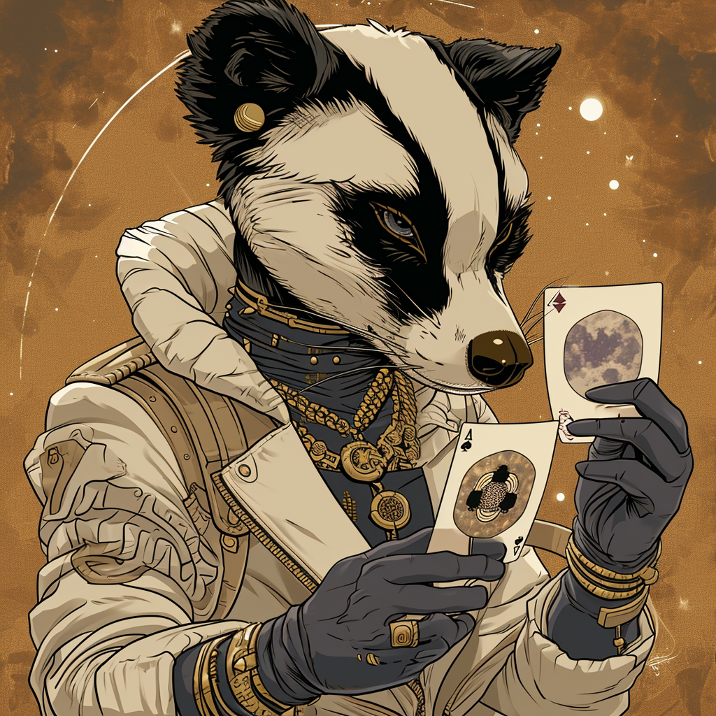 Female honey badger and snake hybrid with playing cards