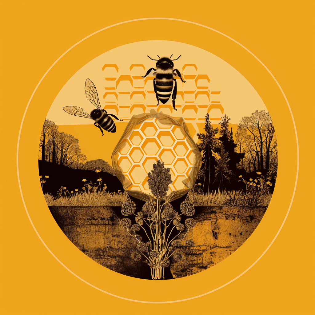 Honey Label, Bee Detail and Hive in Forest