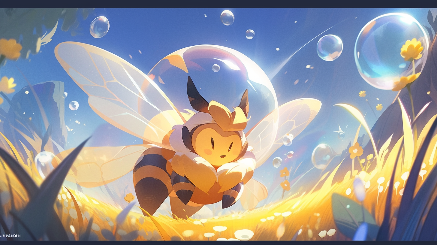 Smiling honey bee with sword and bubble shield