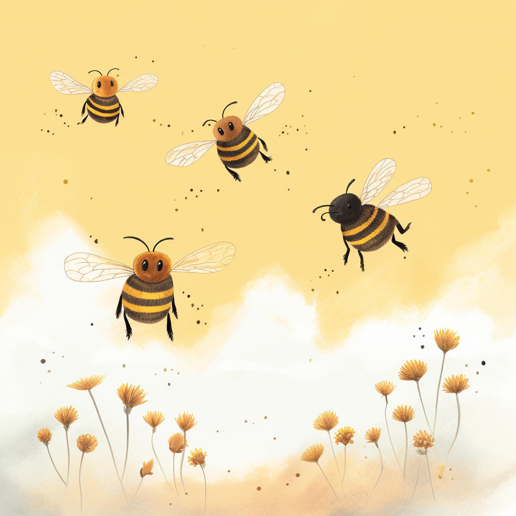 Honeybees flying in clear minimal illustration for kids book