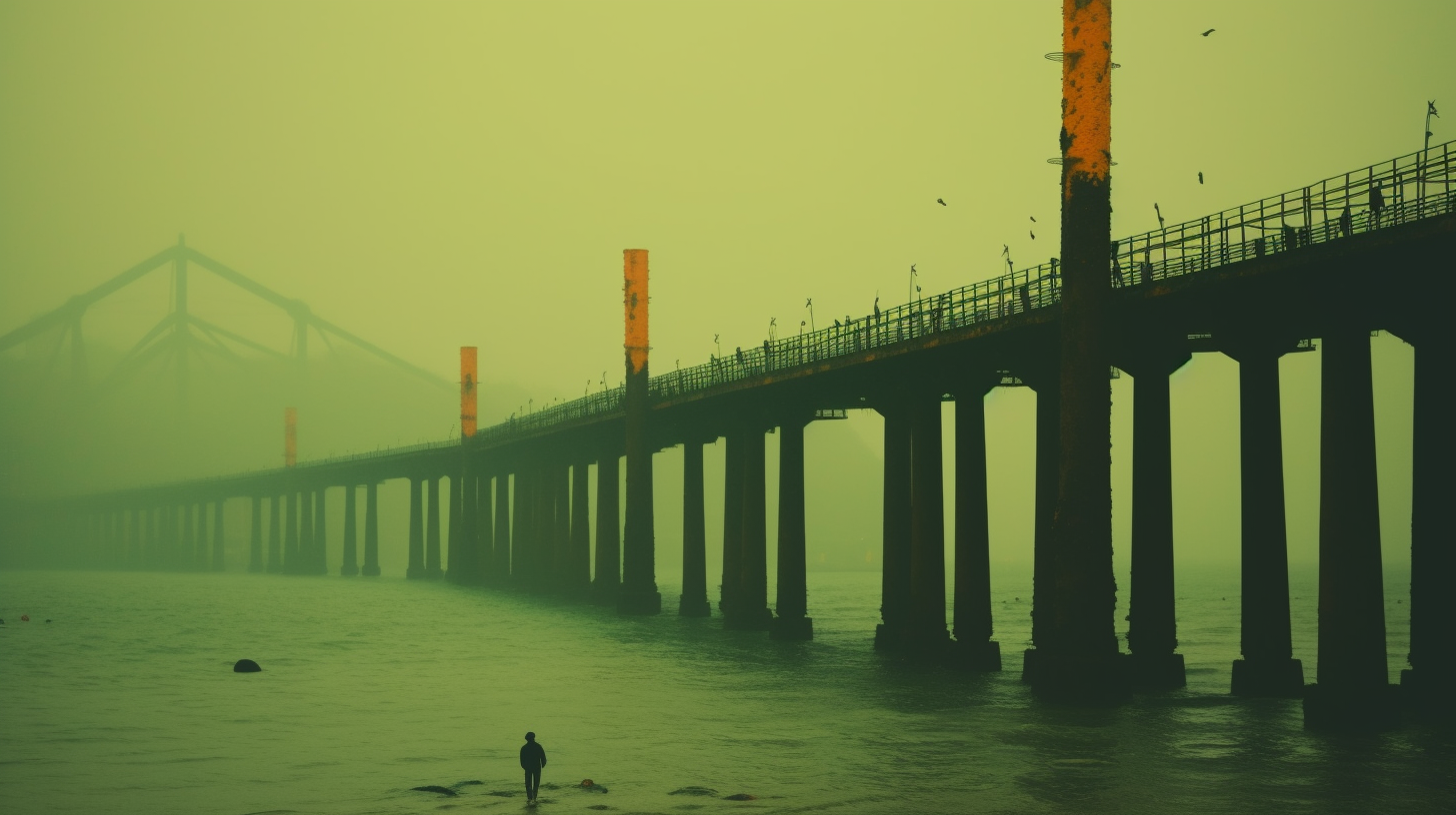 Neon-lit Hong Kong bridge in dark atmosphere