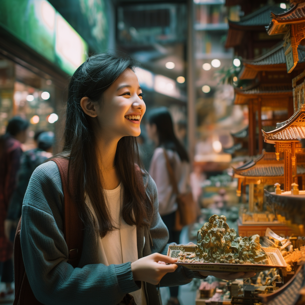 Smiling tourist at cultural heritage exhibit