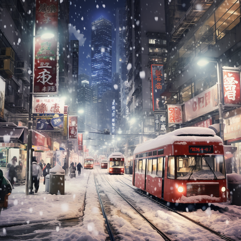 Snowing street scene in Mongkok