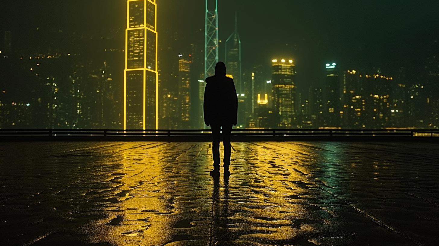 Men under neon-lit Hong Kong bridge