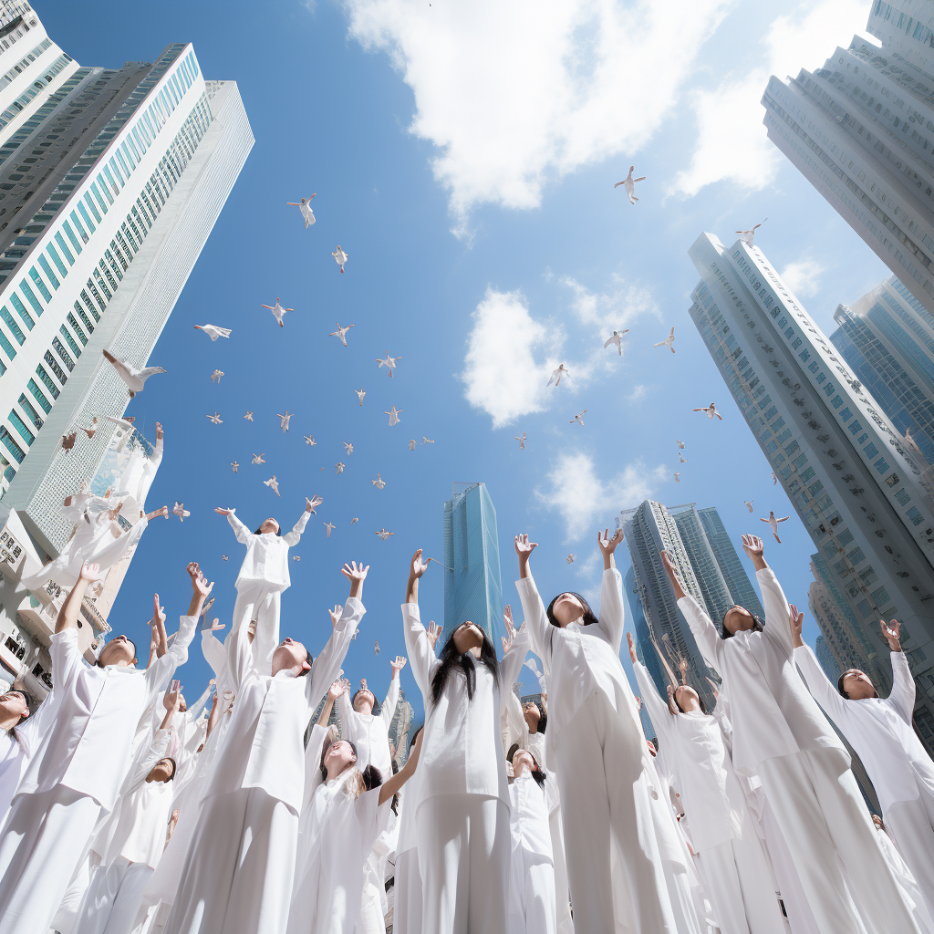 People in white ascending in the sky in Hong Kong