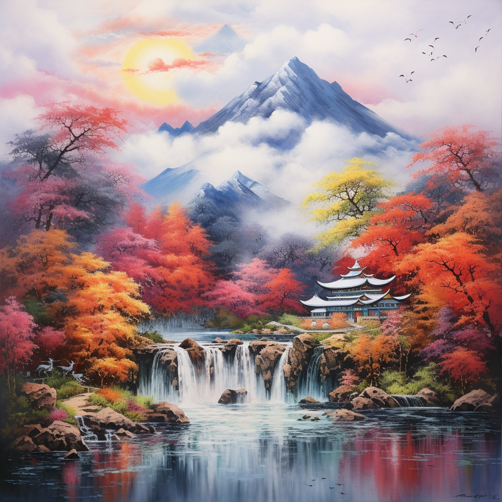 Red-themed Scenic Landscape Painting