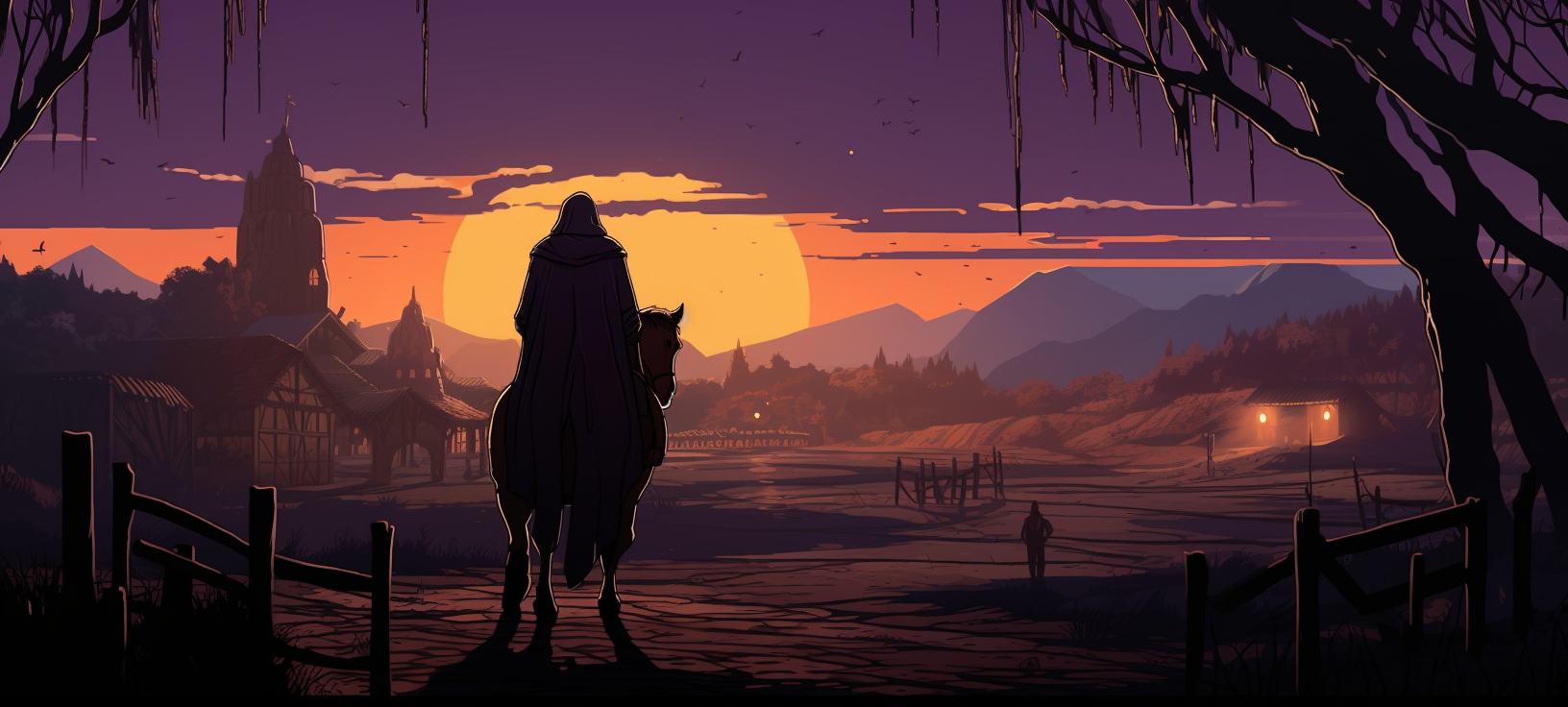 Man in Hooded Cloak on Horse in Wooden Village