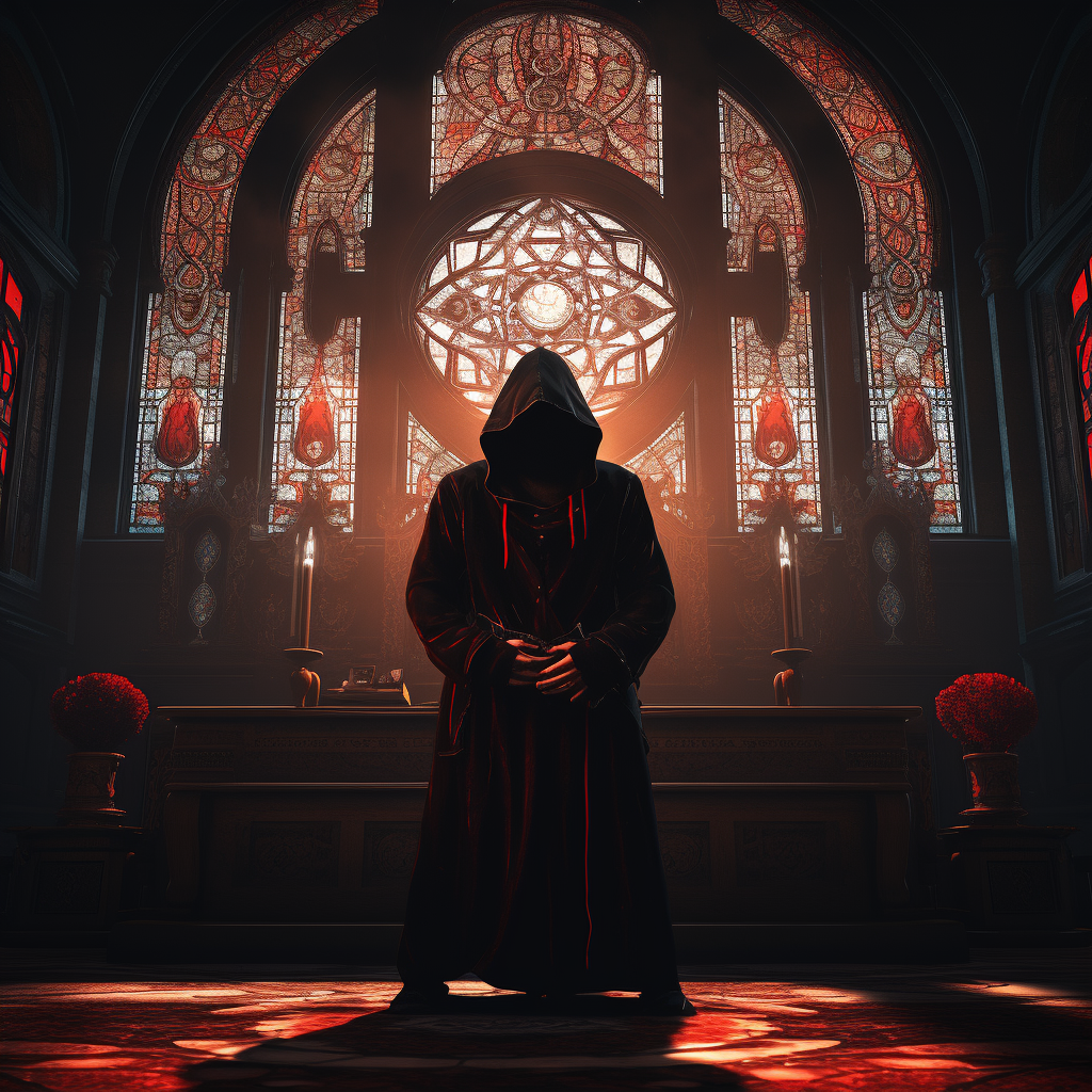 Hooded cultist in lit church