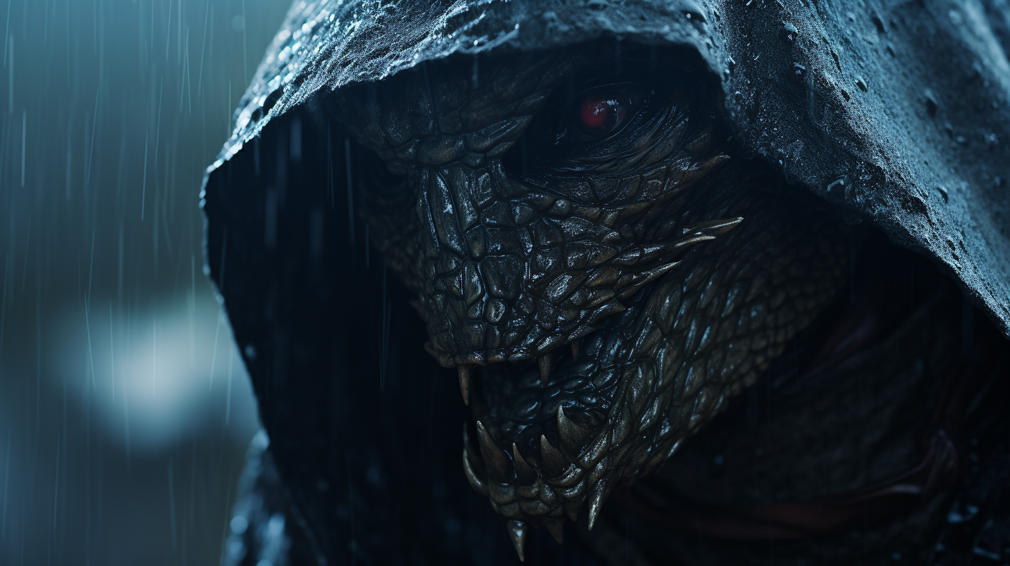 Close-up of hooded dragonborn in rain