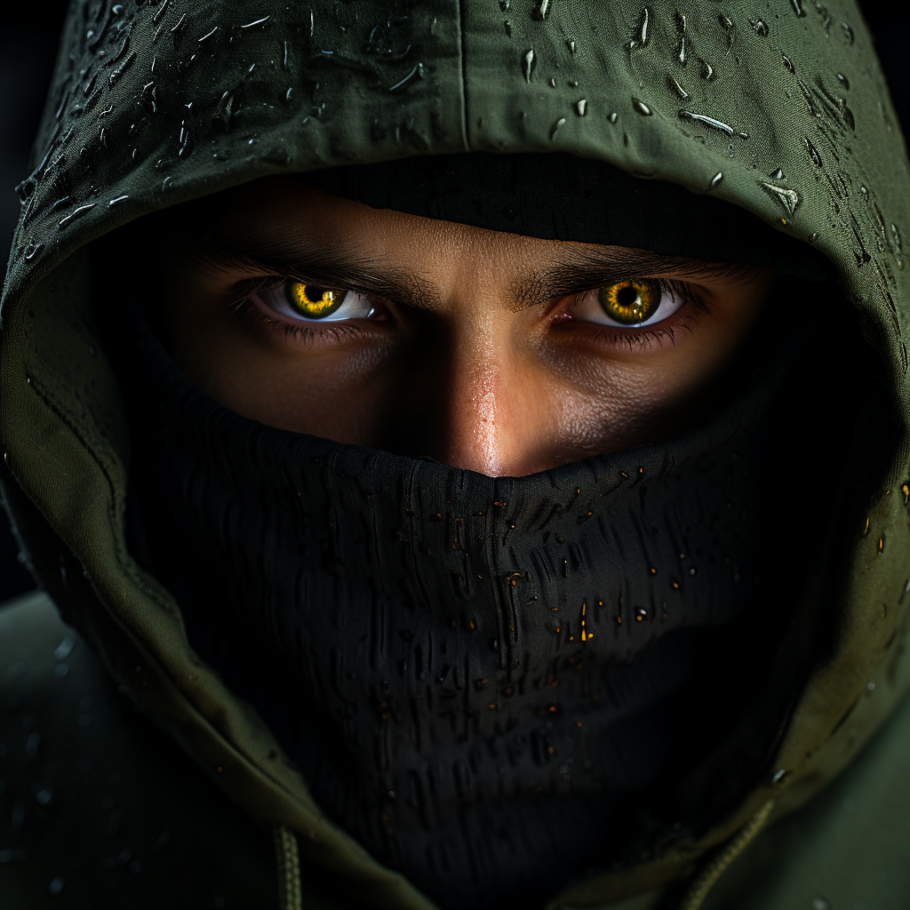 A person with a dark hood and bright green eyes