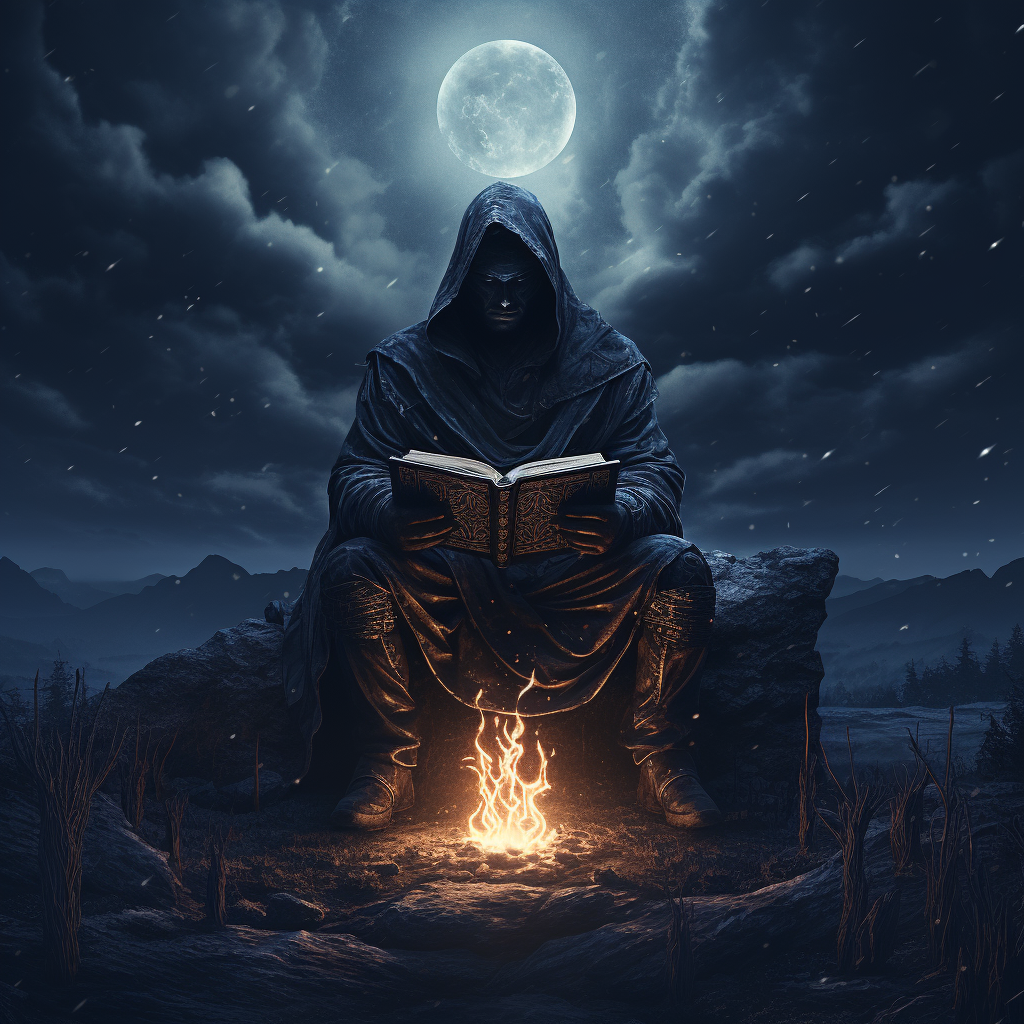 Lonely hooded figure reads a book by the campfire