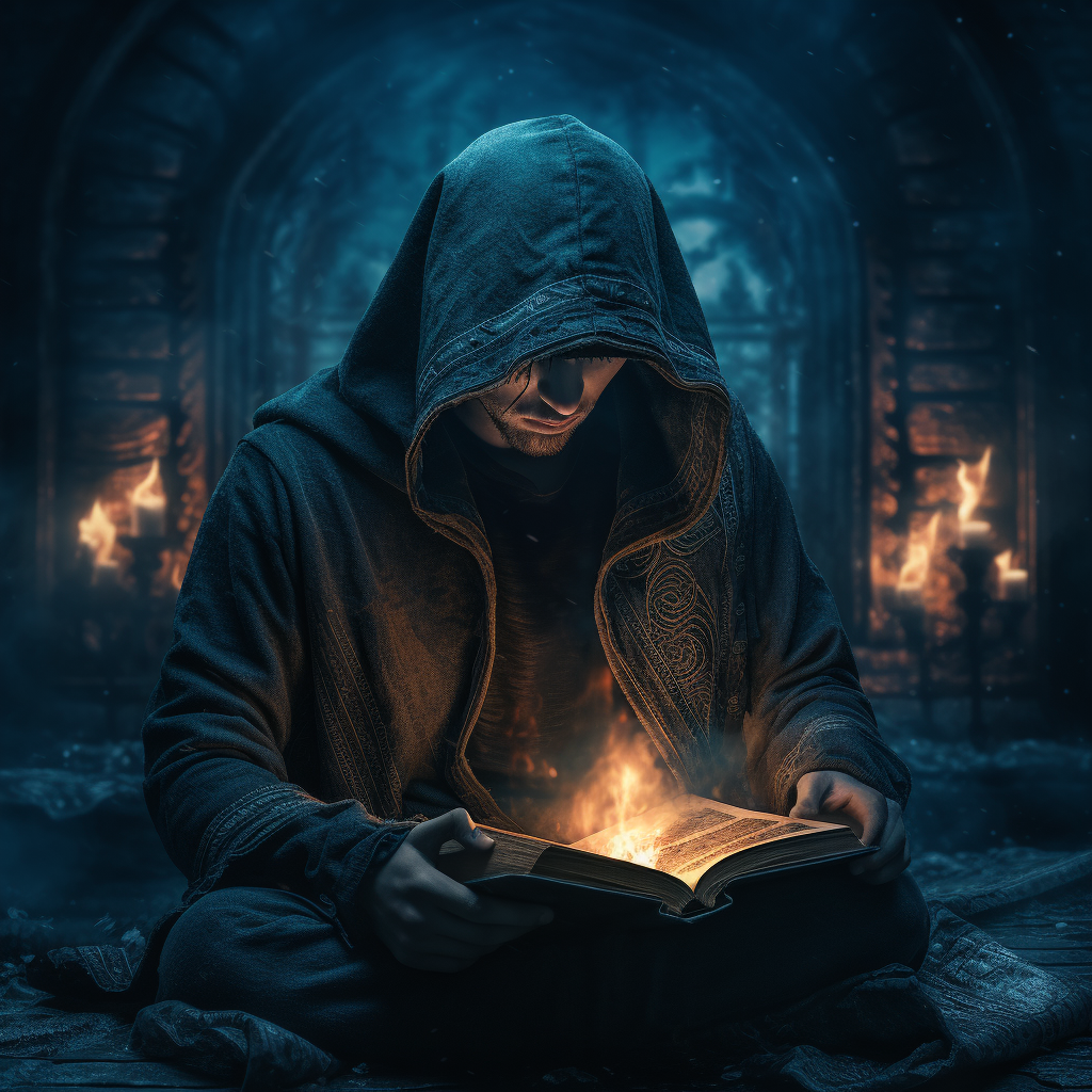 Hooded man reading from a mysterious book in a blue glow