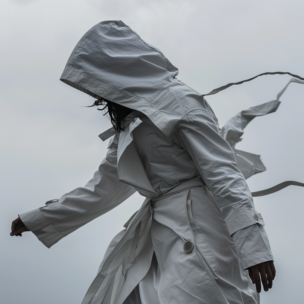 Hooded Woman in White Trenchcoat