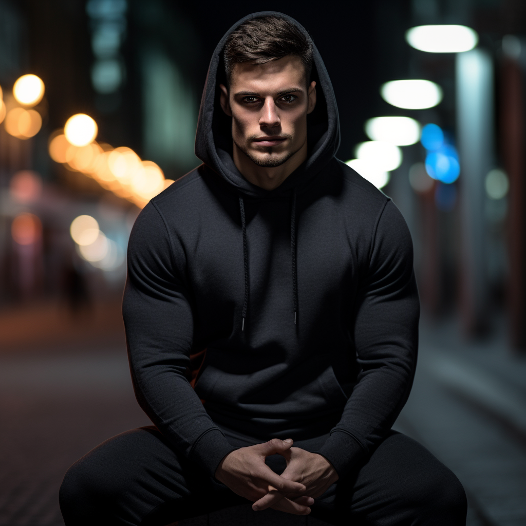 Model wearing a hoodie during street workout