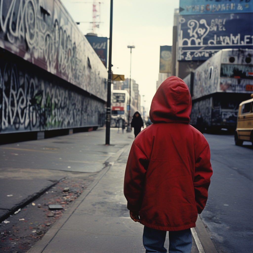 10-year-old boy with hoodie walking on busy road