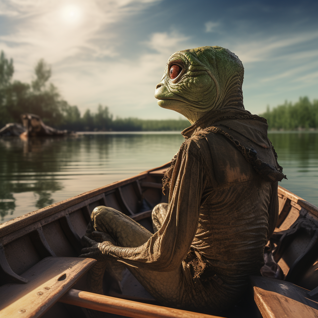 Hooligan green alien in boat looking up