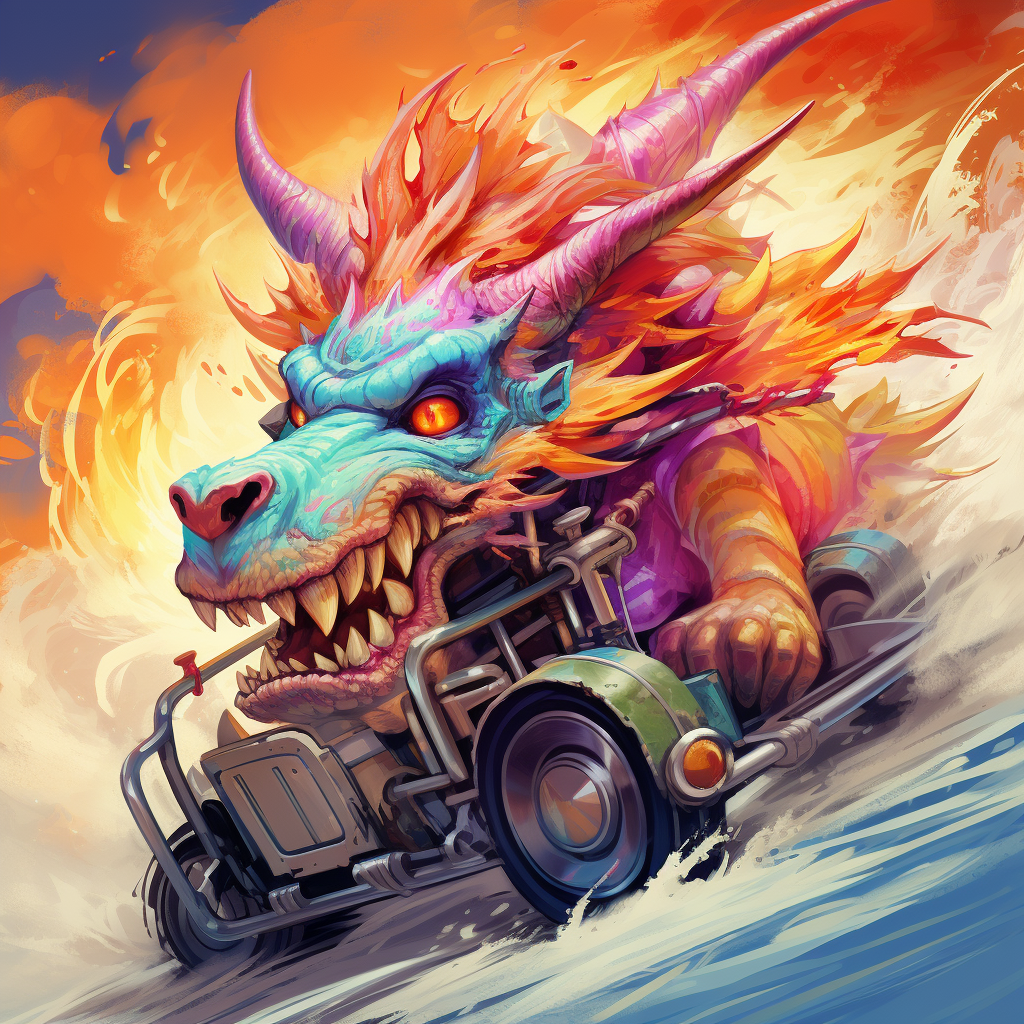 Vibrant manga-style dragon driving beach buggy