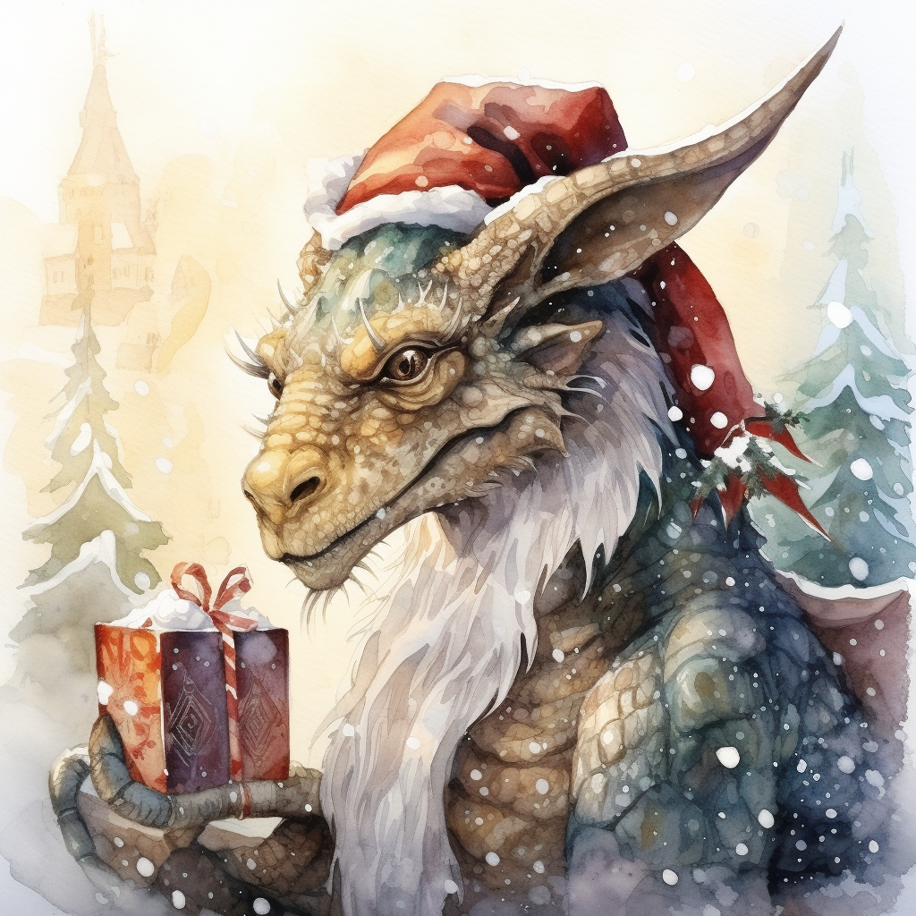 Beautiful watercolor illustration of a horned dragon in a Christmas setting