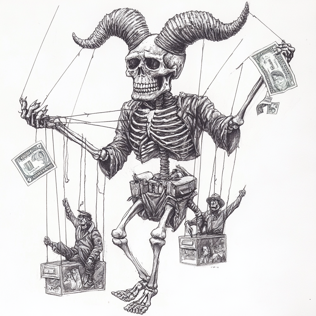 horned skeleton controlling puppets chasing bank notes, detailed drawing