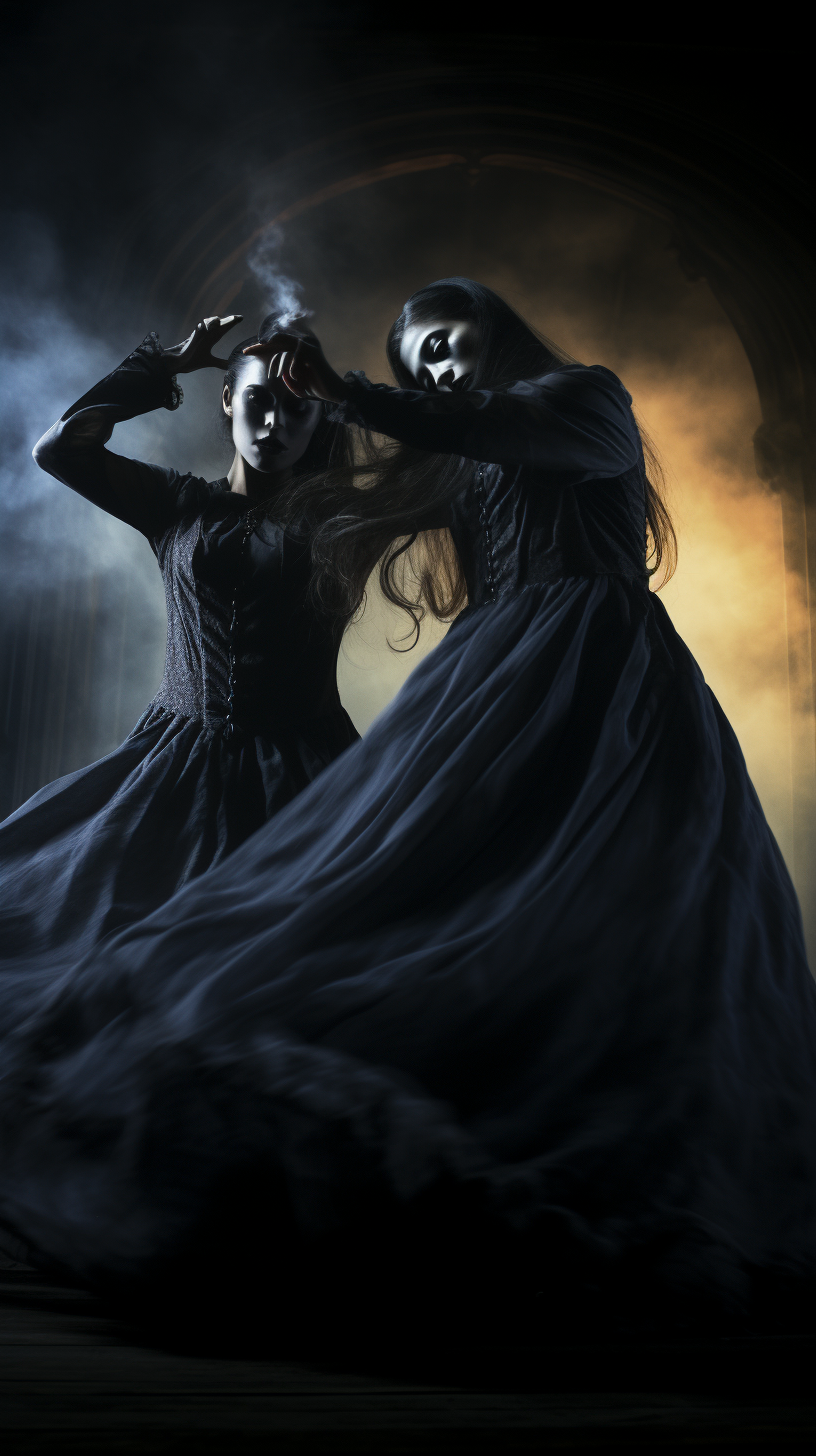 Two women dancing in horror beauty style