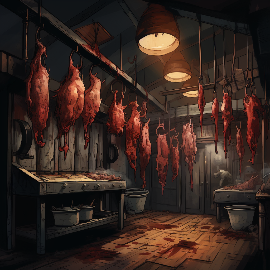 Mutated creatures hanging in horror butcher shop