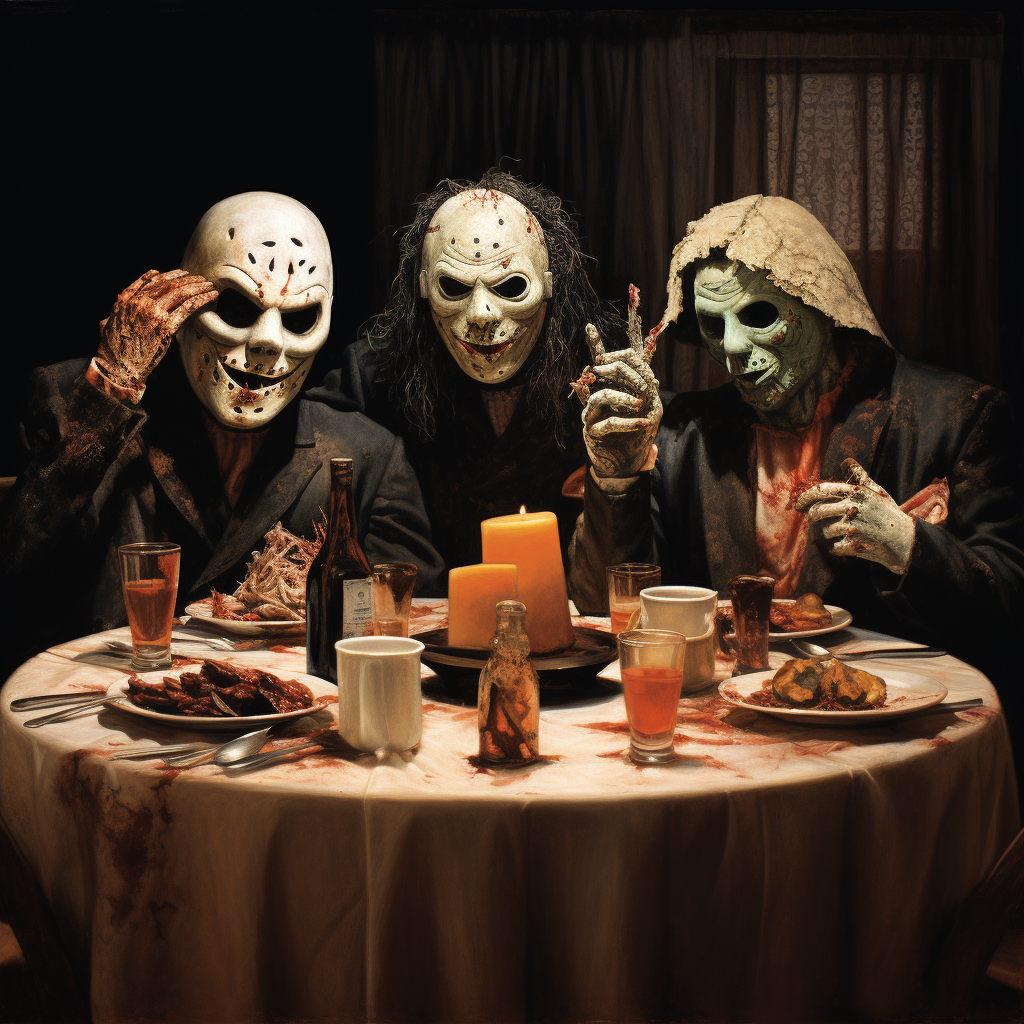 Jason, Michael Myers, ghost face, and Freddy having dinner