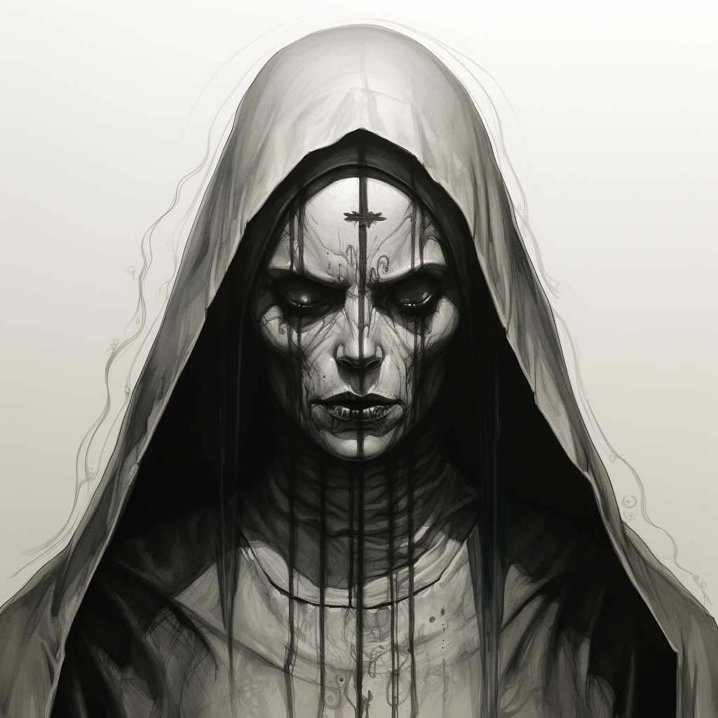 Intimidating horror nun in black and white