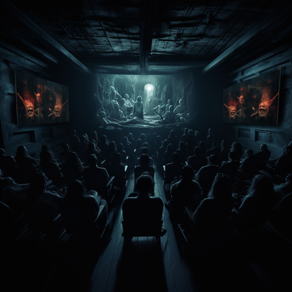 Horror projection room with seated people