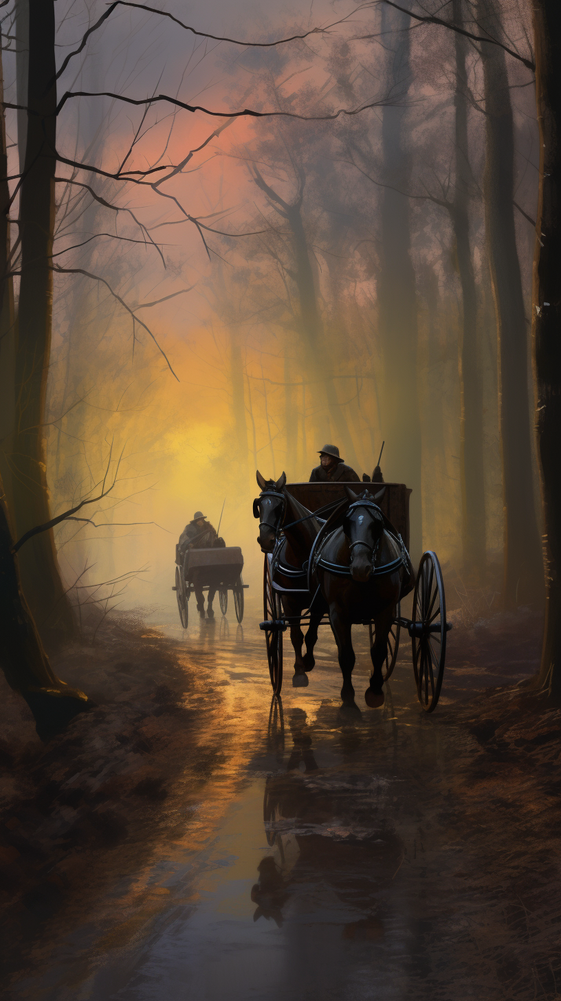 Horse-drawn carriage in rainy forest