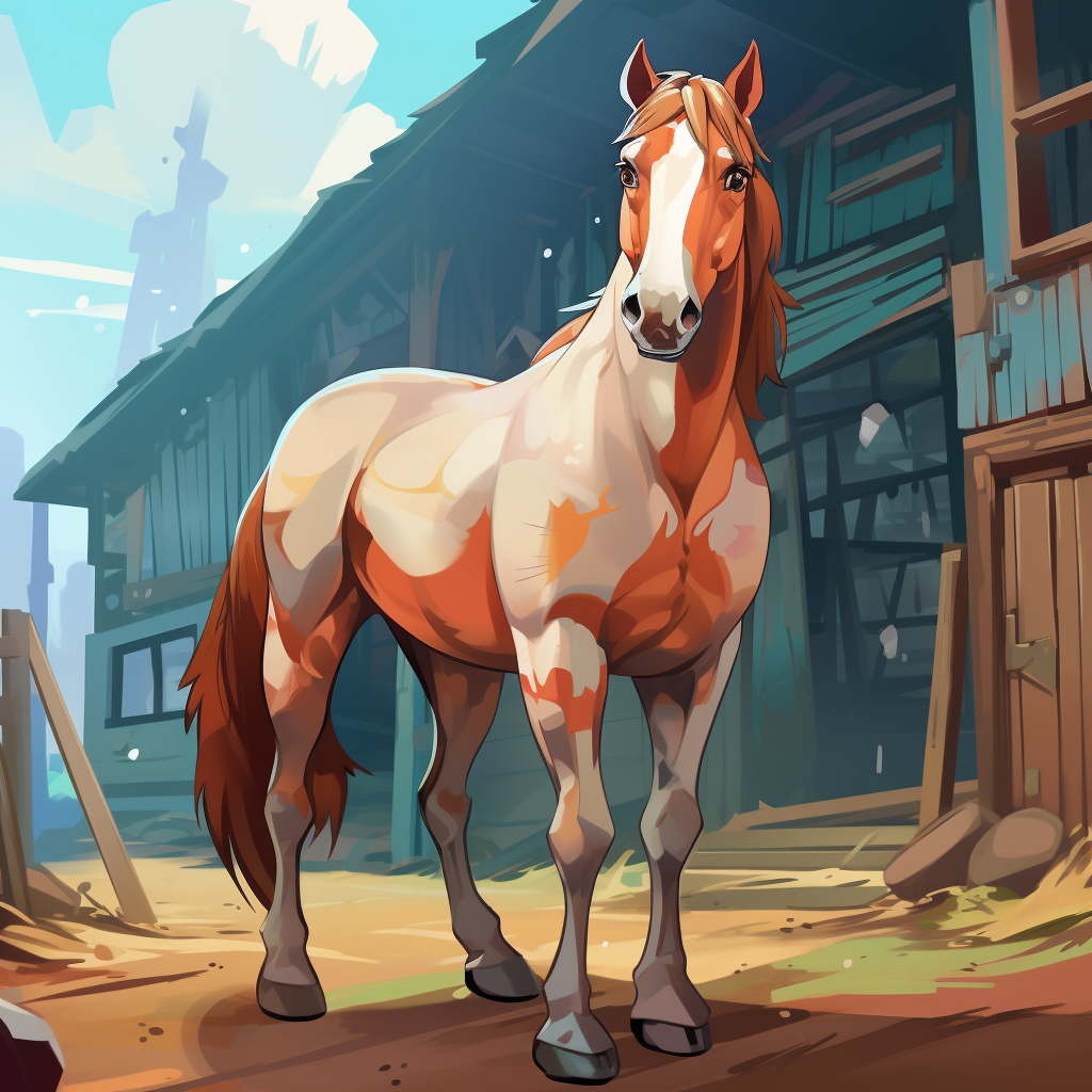 Cute Cartoonish Horse in front of Barn