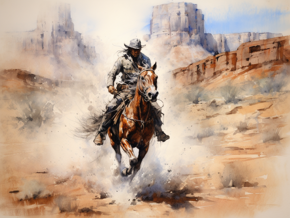 Watercolor painting of horse galloping in wild west