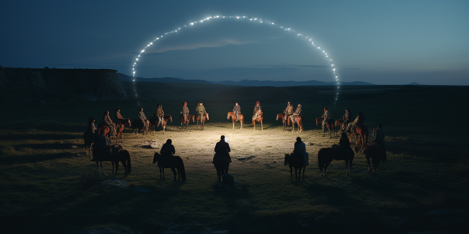 Group of horse riders in circle under a beam of light