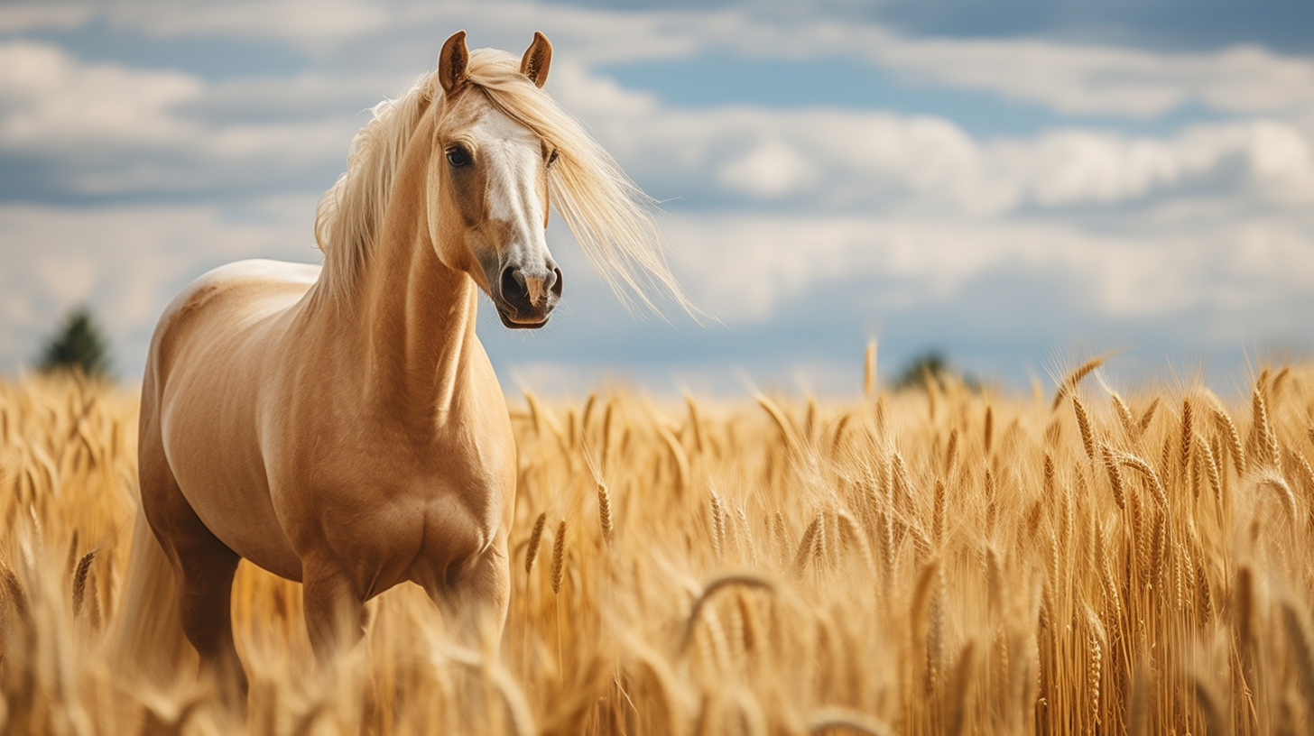 Hyper-realistic commercial photography of a horse in a wheat field