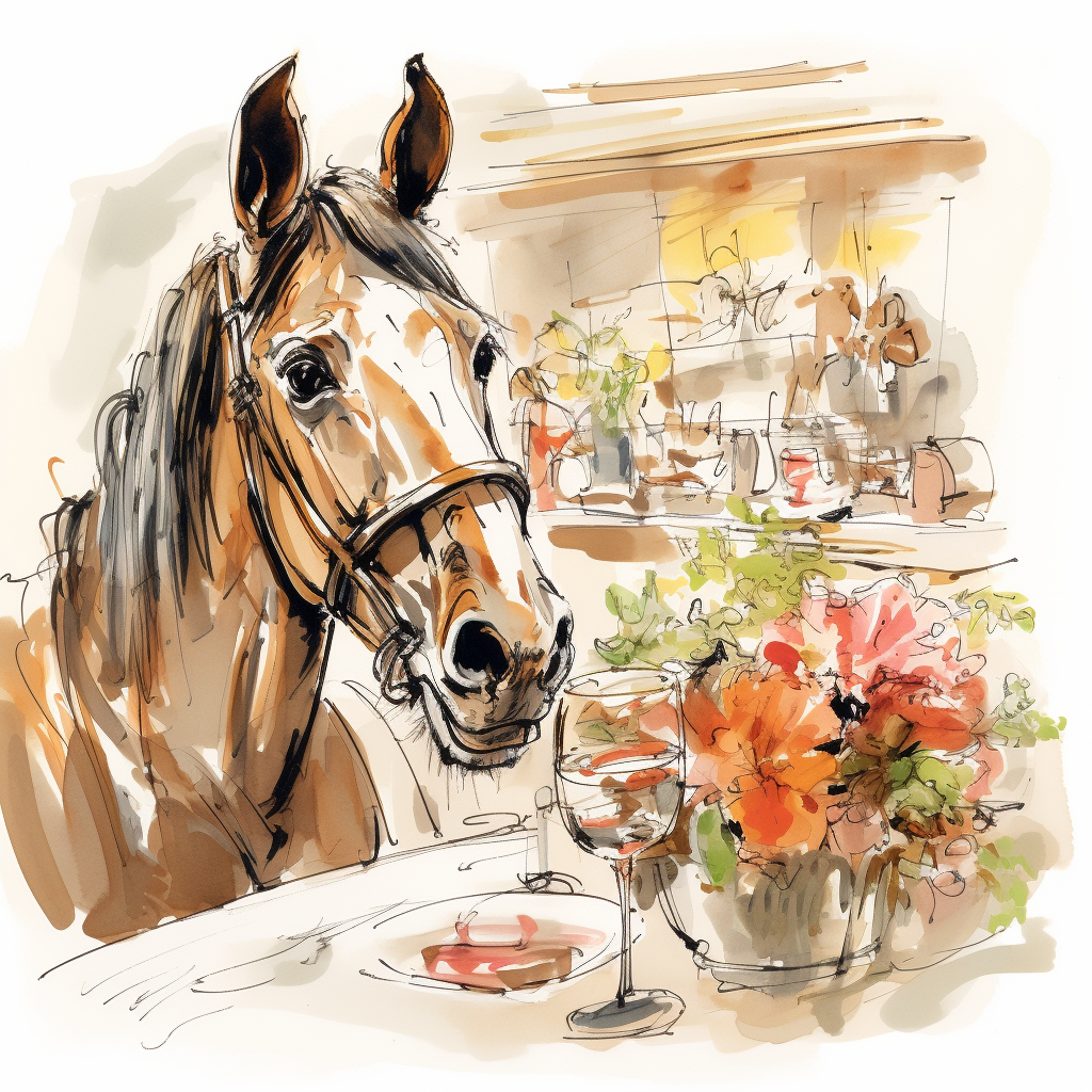 Horse enjoying dinner at fancy restaurant