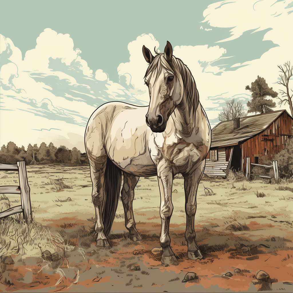 Horse in front of barn