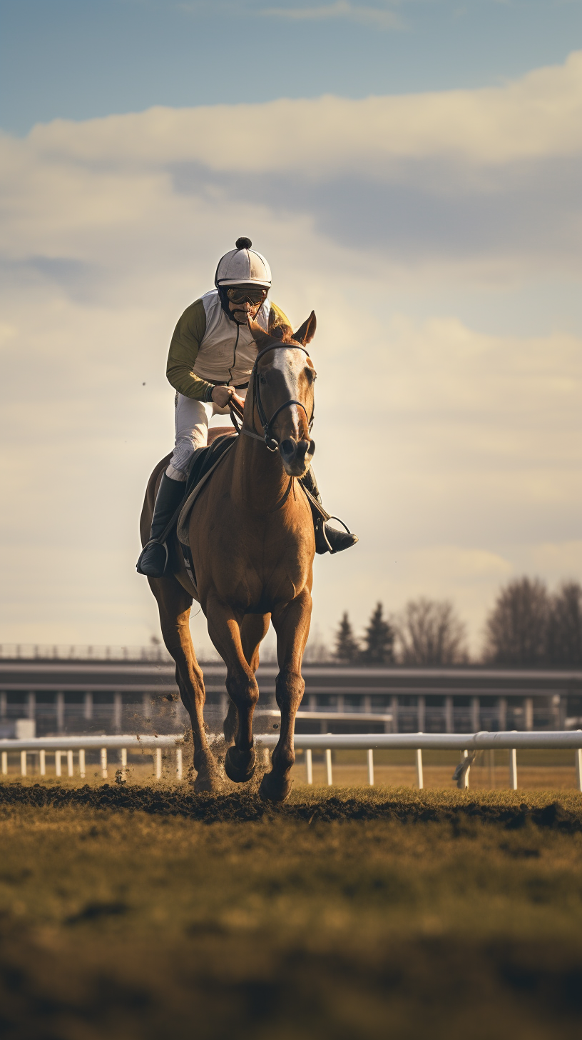 Young man riding horse on racing track