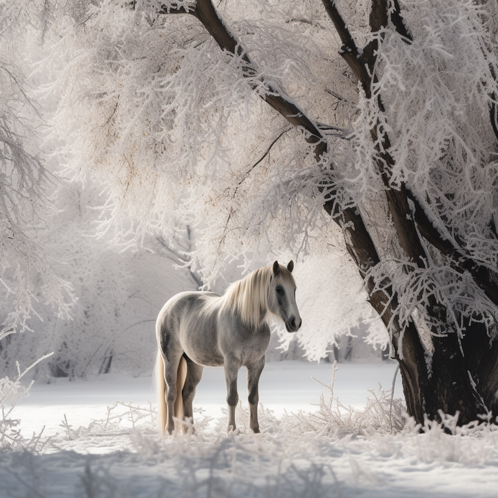 Majestic horse next to snowy tree