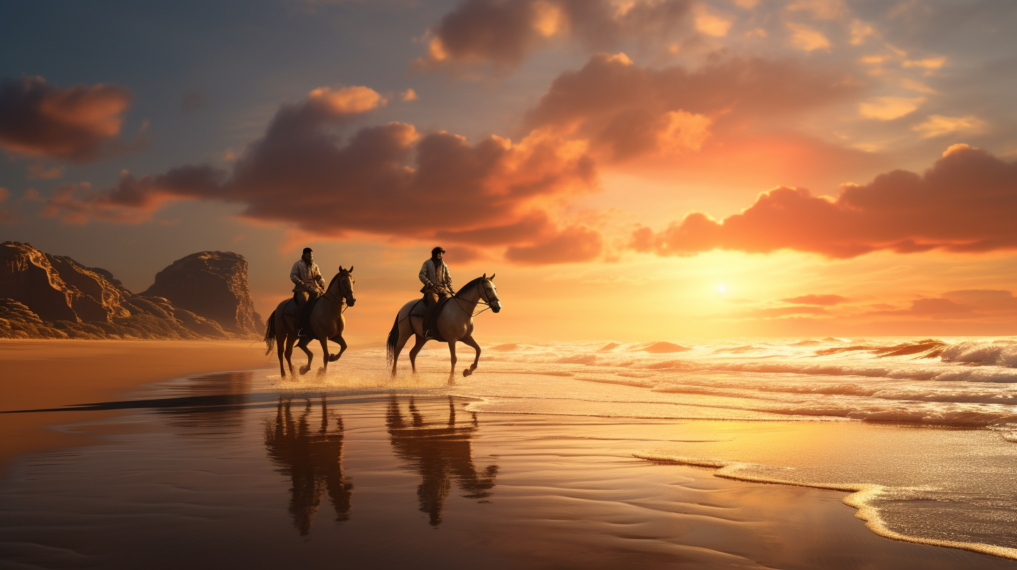 Two people horseback riding on the beach