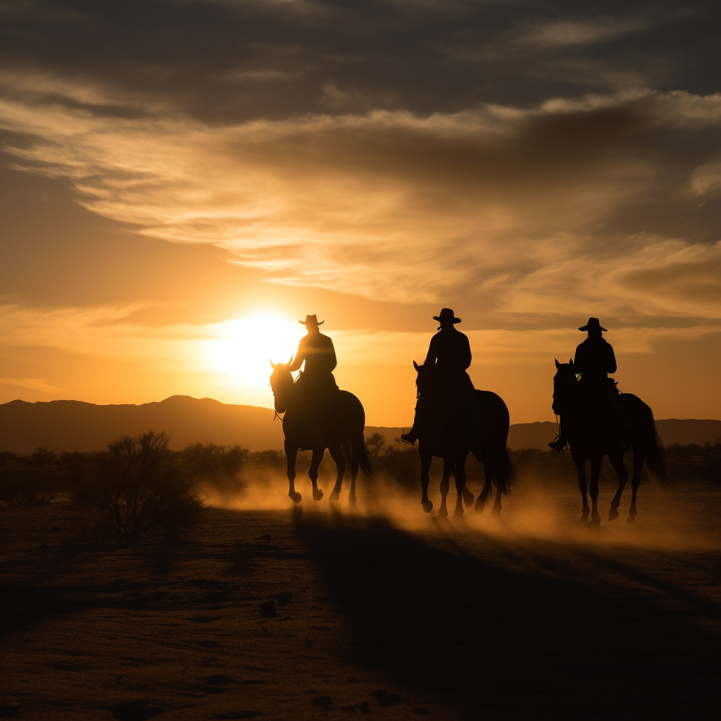 Silhouette of horsemen riding into the sunset