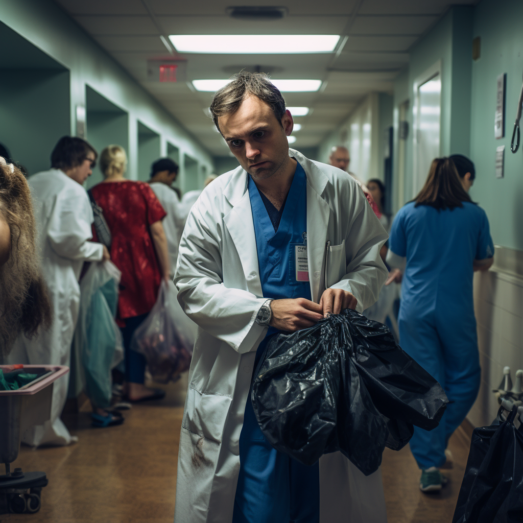 Exhausted doctor helping patients in overcrowded hospital