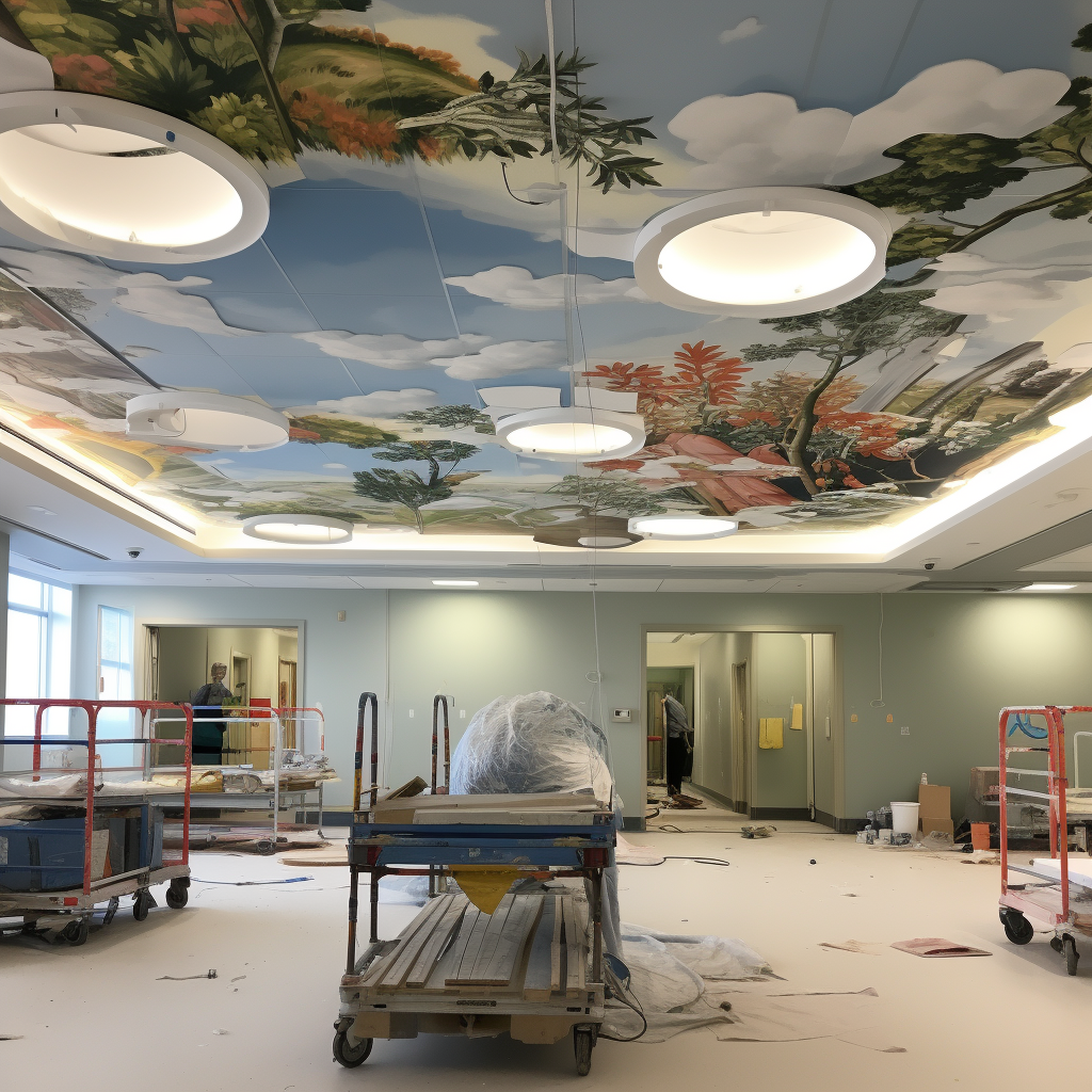 Hospital room ceiling construction work