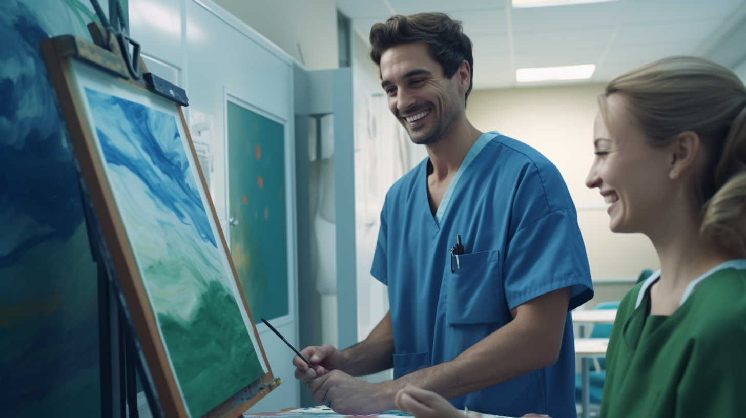 Doctor and patient painting together in hospital room