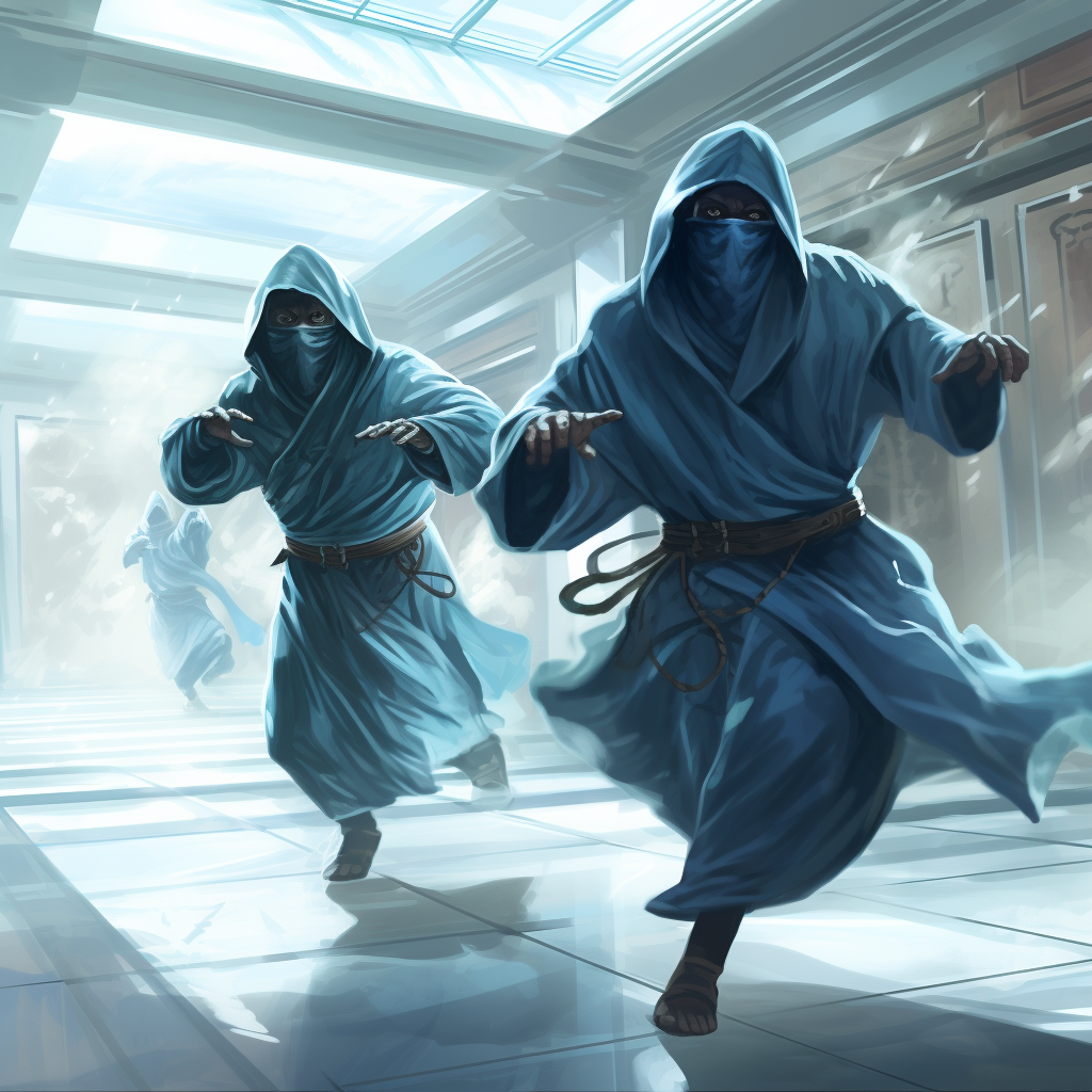 Two magic monks wearing hooded robes fighting in hospital ward