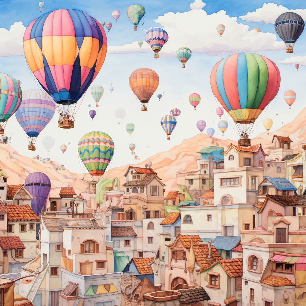 Hot air balloon village pastel colors