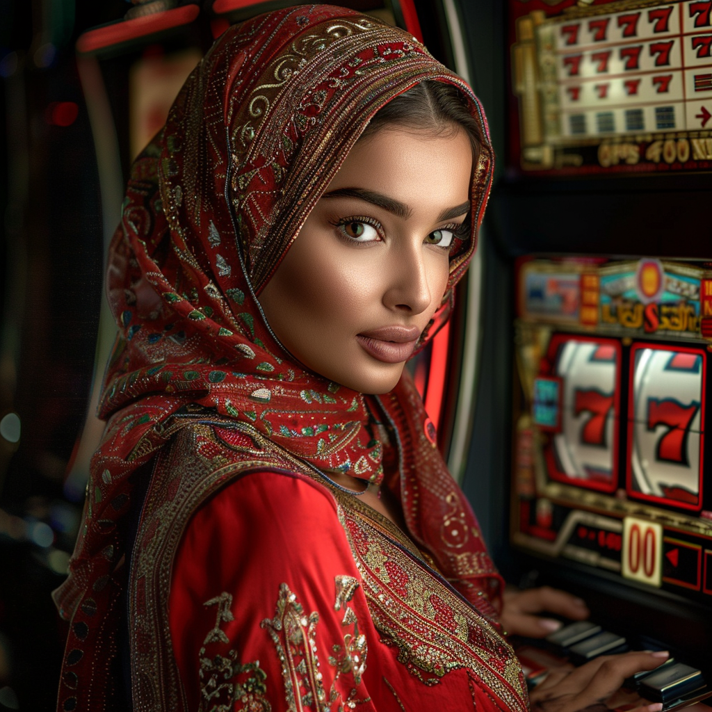 Arabic woman standing red slot machine