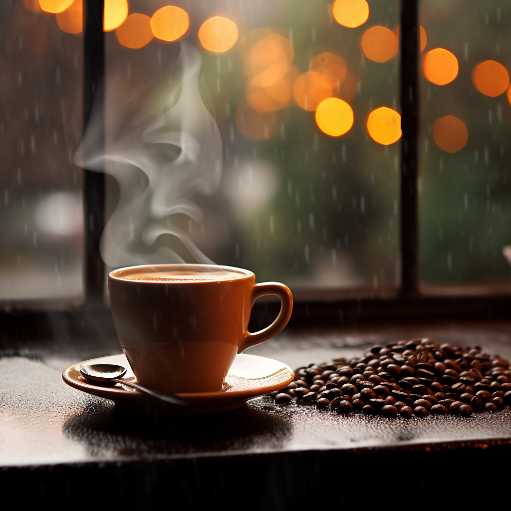 Hot coffee cup in warm-lit cafe