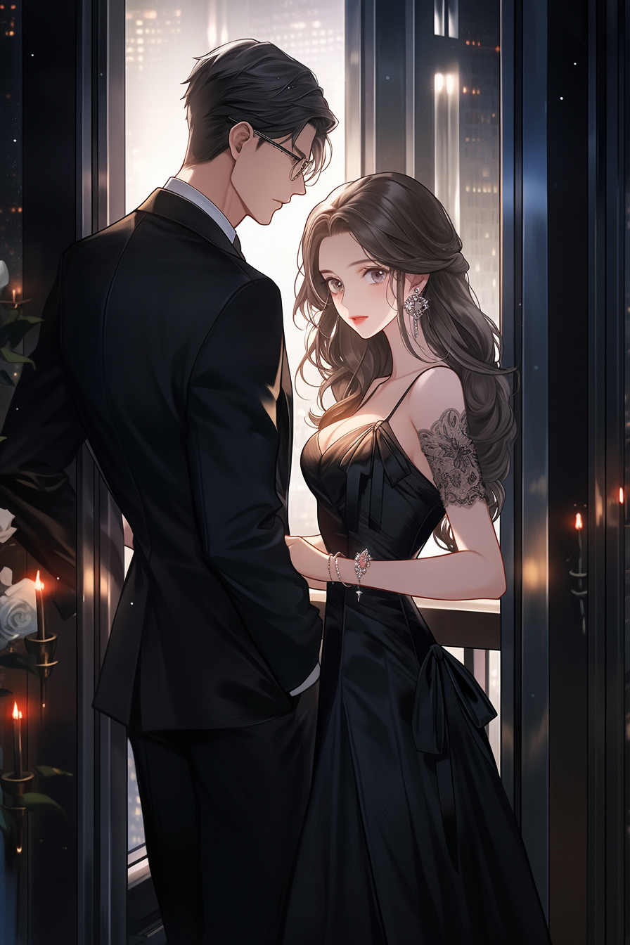 Handsome man and beautiful woman in black suits at hotel